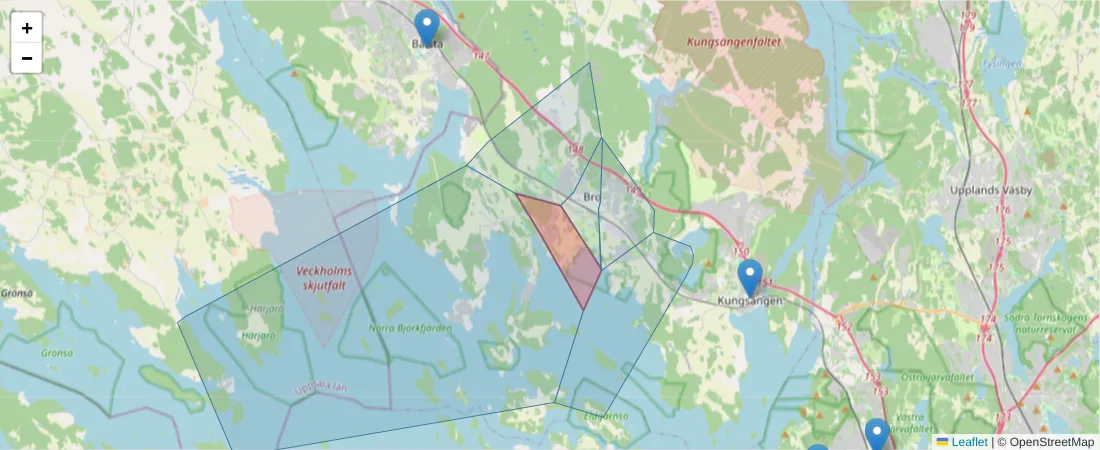 Karta över postnummerområdet  och angränsande postnummer i Sverige