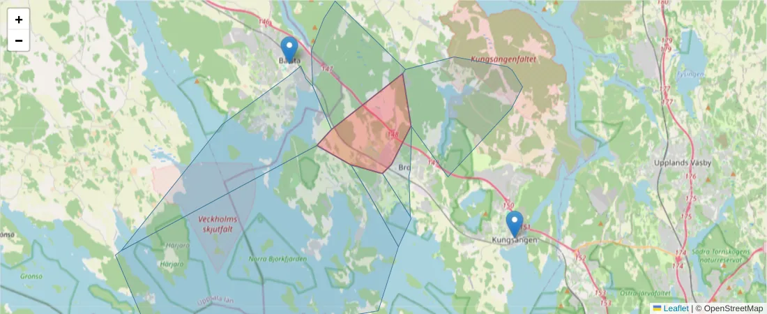 Karta över postnummerområdet  och angränsande postnummer i Sverige