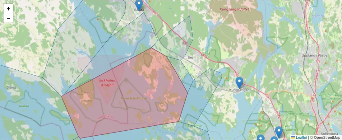 Karta över postnummerområdet  och angränsande postnummer i Sverige