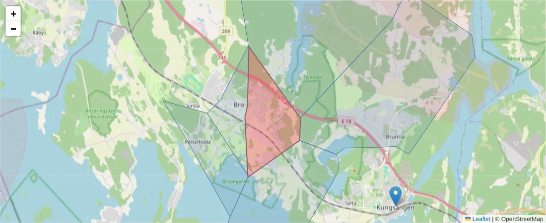 Karta över postnummerområdet  och angränsande postnummer i Sverige
