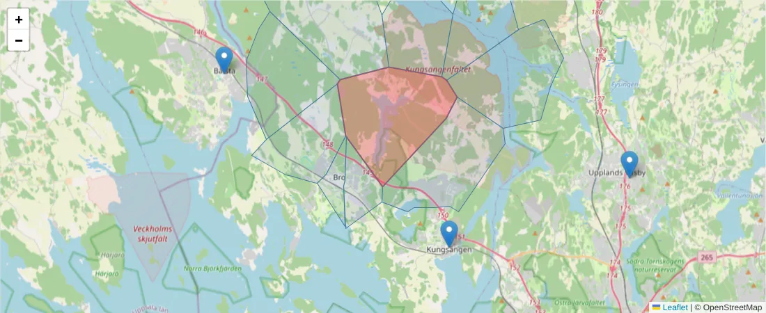 Karta över postnummerområdet  och angränsande postnummer i Sverige