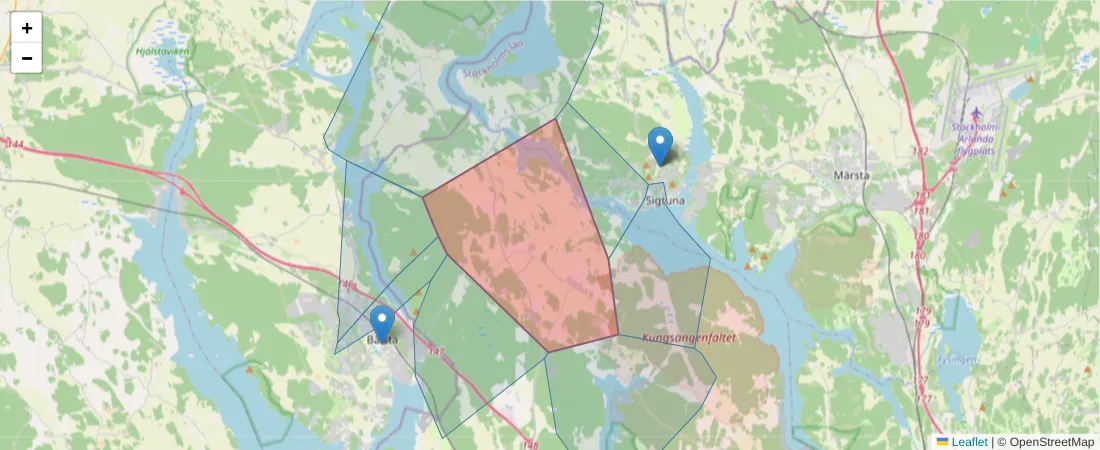 Karta över postnummerområdet  och angränsande postnummer i Sverige
