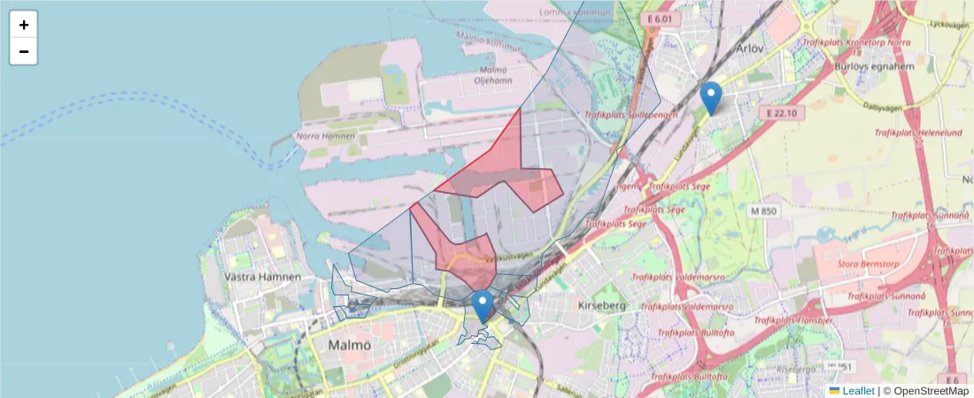 Karta över postnummerområdet  och angränsande postnummer i Sverige