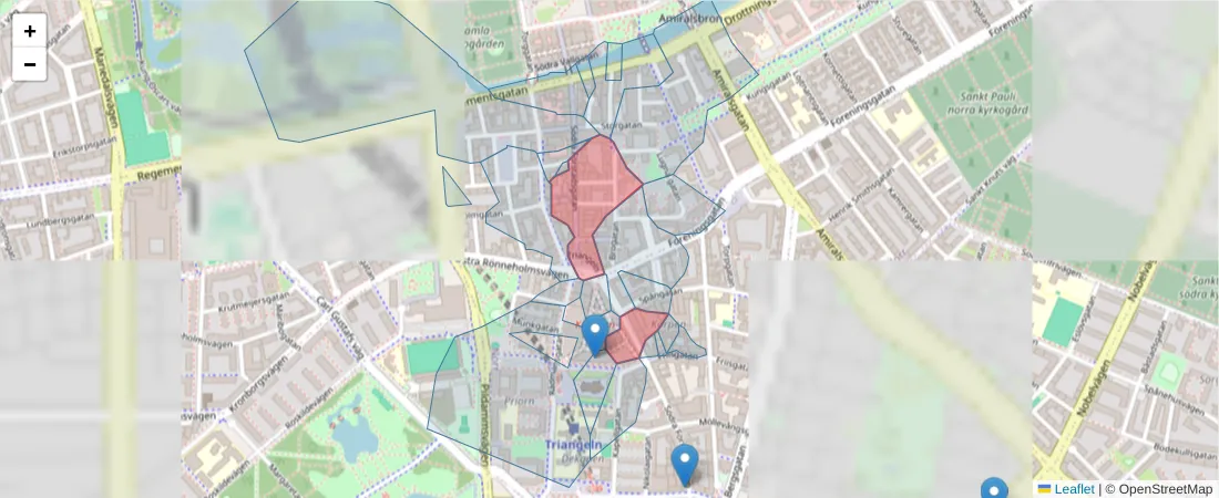 Karta över postnummerområdet  och angränsande postnummer i Sverige