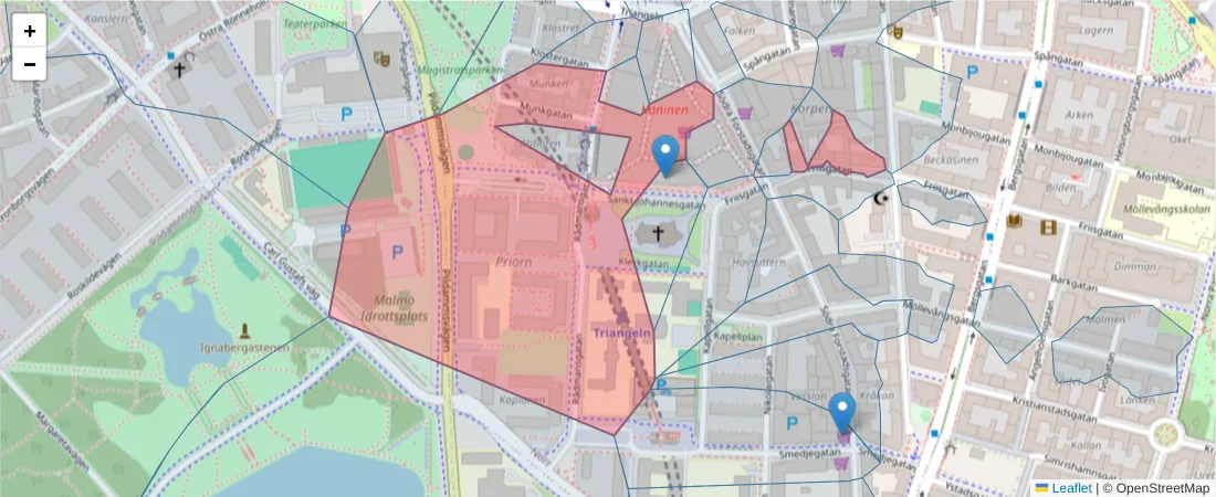 Karta över postnummerområdet  och angränsande postnummer i Sverige