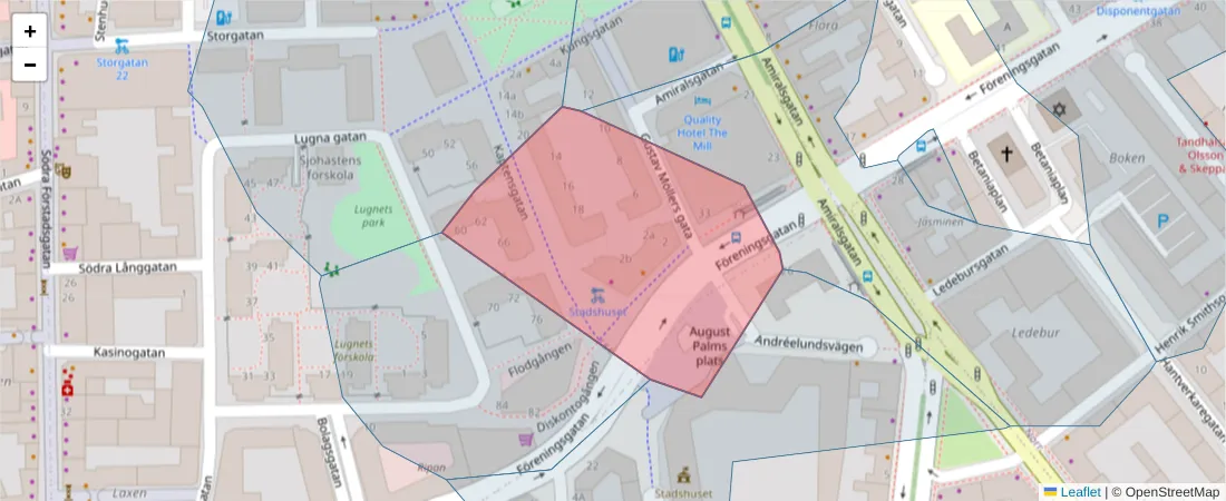 Karta över postnummerområdet  och angränsande postnummer i Sverige