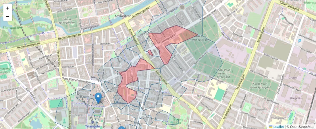 Karta över postnummerområdet  och angränsande postnummer i Sverige