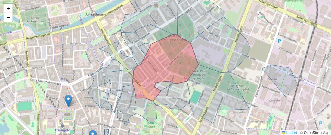 Karta över postnummerområdet  och angränsande postnummer i Sverige