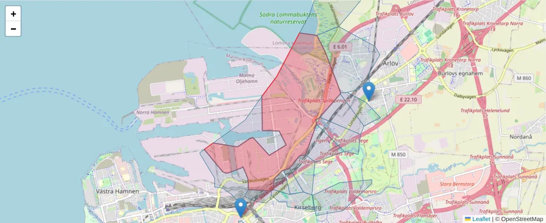 Karta över postnummerområdet  och angränsande postnummer i Sverige
