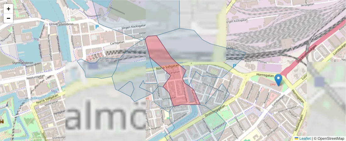 Karta över postnummerområdet  och angränsande postnummer i Sverige
