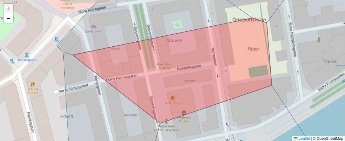 Karta över postnummerområdet  och angränsande postnummer i Sverige