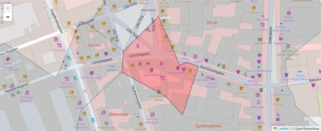 Karta över postnummerområdet  och angränsande postnummer i Sverige