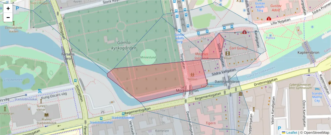 Karta över postnummerområdet  och angränsande postnummer i Sverige