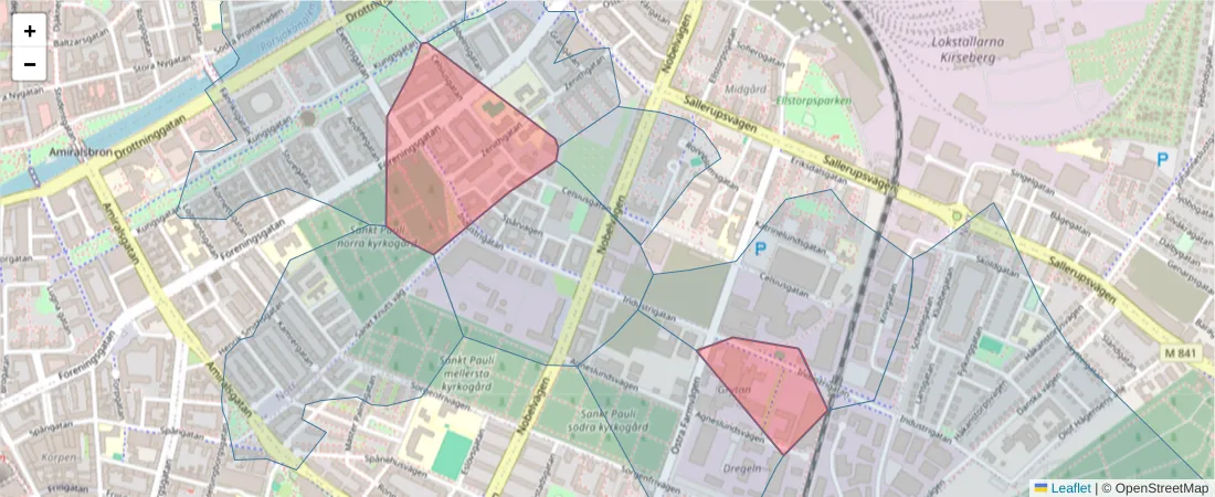 Karta över postnummerområdet  och angränsande postnummer i Sverige