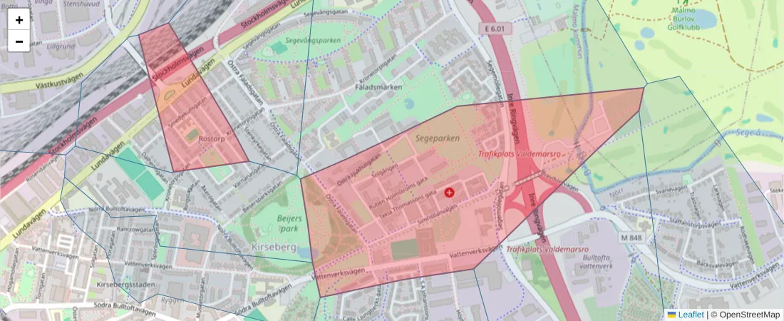 Karta över postnummerområdet  och angränsande postnummer i Sverige