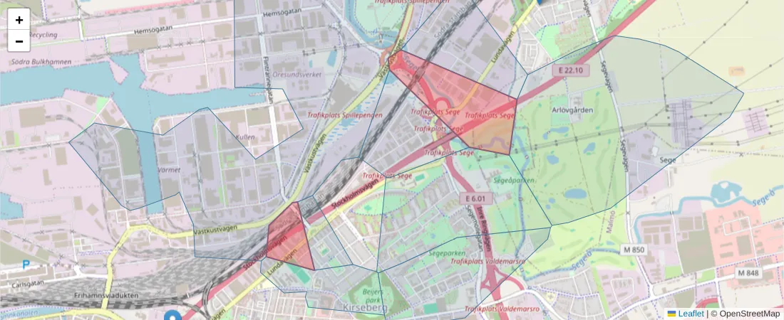 Karta över postnummerområdet  och angränsande postnummer i Sverige