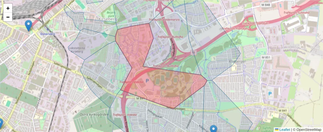 Karta över postnummerområdet  och angränsande postnummer i Sverige