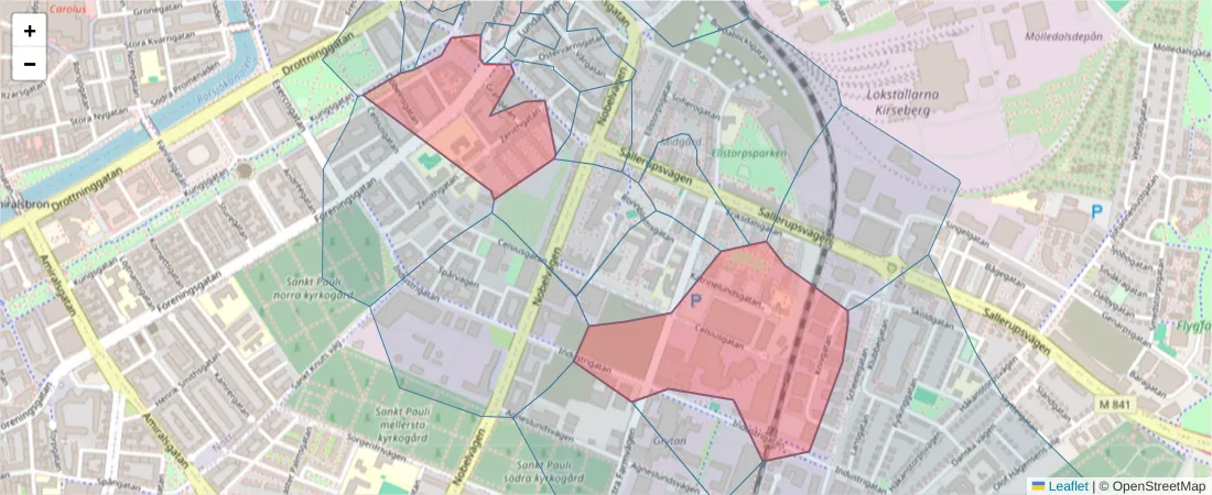 Karta över postnummerområdet  och angränsande postnummer i Sverige