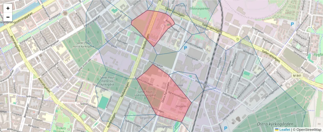 Karta över postnummerområdet  och angränsande postnummer i Sverige