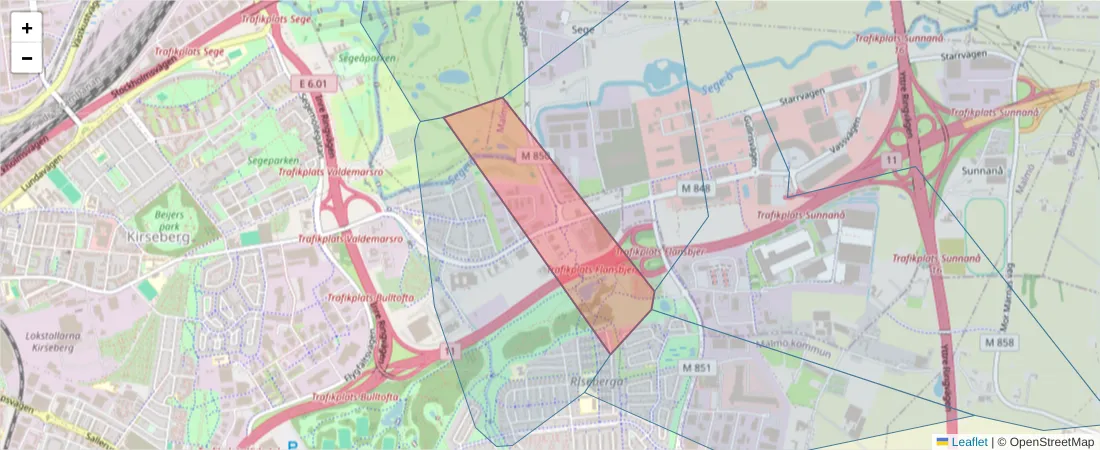 Karta över postnummerområdet  och angränsande postnummer i Sverige