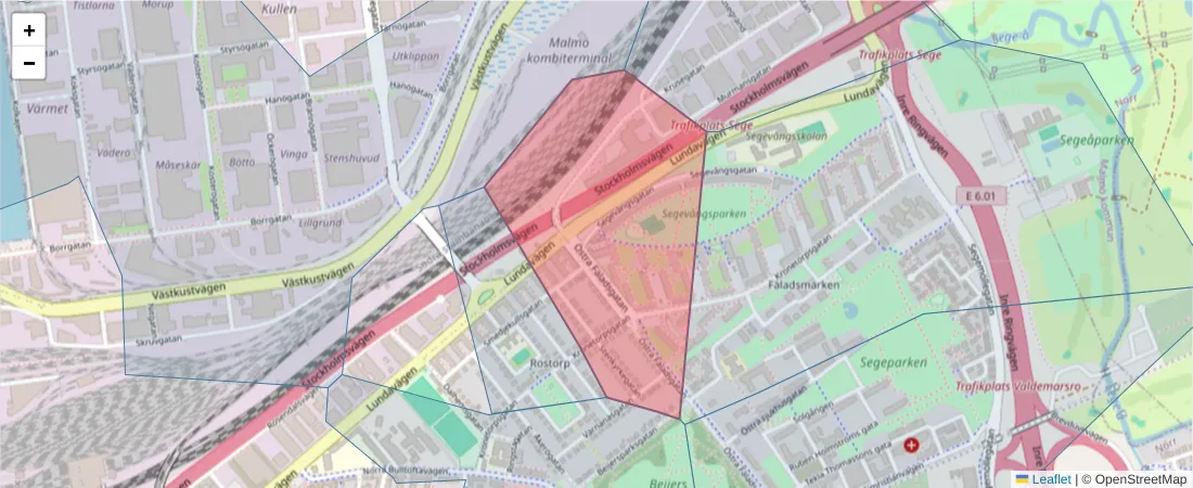 Karta över postnummerområdet  och angränsande postnummer i Sverige