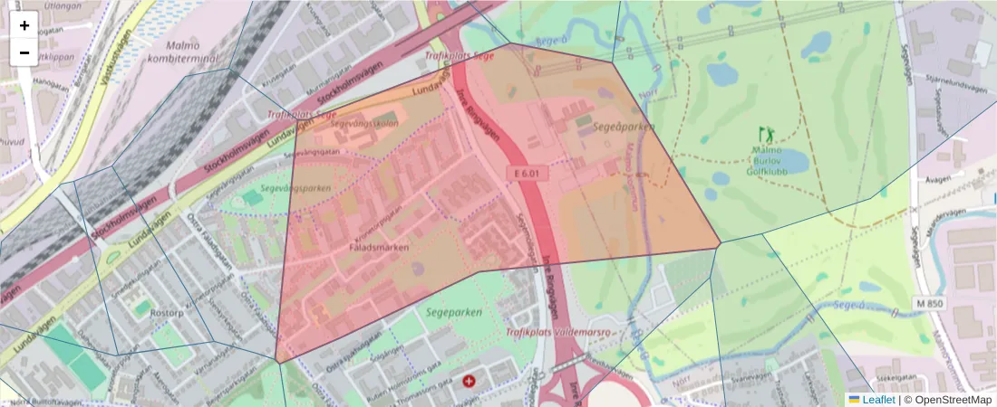 Karta över postnummerområdet  och angränsande postnummer i Sverige