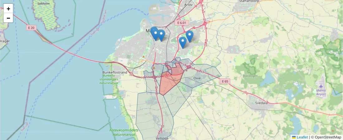 Karta över postnummerområdet  och angränsande postnummer i Sverige