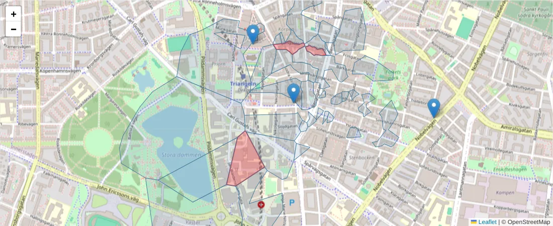 Karta över postnummerområdet  och angränsande postnummer i Sverige