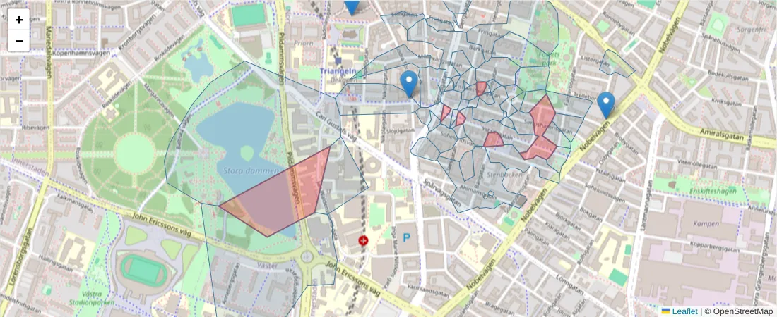 Karta över postnummerområdet  och angränsande postnummer i Sverige