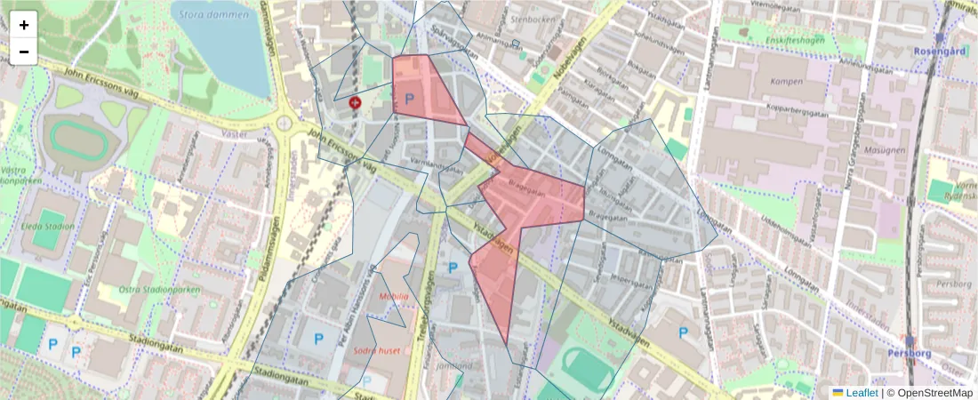 Karta över postnummerområdet  och angränsande postnummer i Sverige