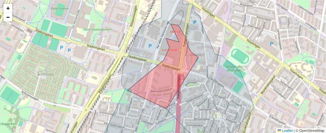 Karta över postnummerområdet  och angränsande postnummer i Sverige