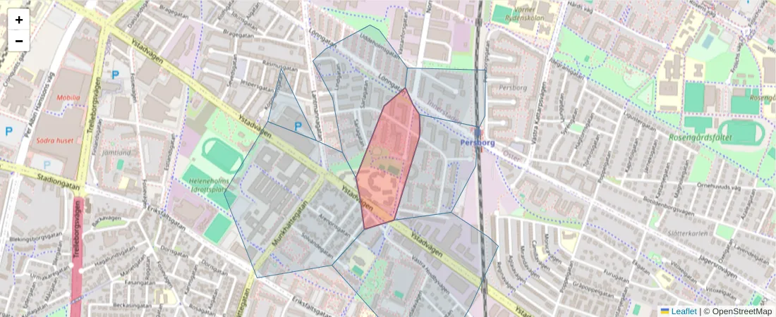 Karta över postnummerområdet  och angränsande postnummer i Sverige