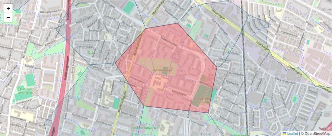 Karta över postnummerområdet  och angränsande postnummer i Sverige