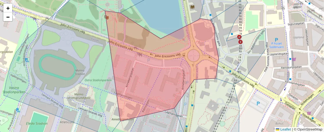 Karta över postnummerområdet  och angränsande postnummer i Sverige