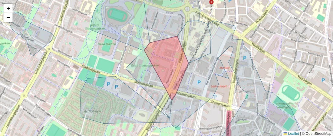 Karta över postnummerområdet  och angränsande postnummer i Sverige