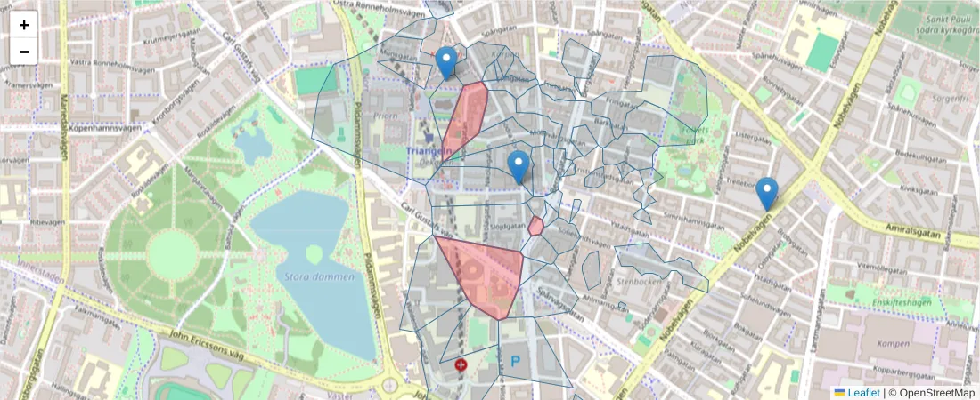 Karta över postnummerområdet  och angränsande postnummer i Sverige