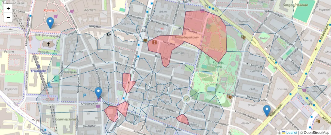 Karta över postnummerområdet  och angränsande postnummer i Sverige