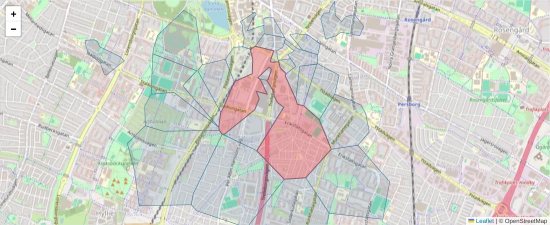 Karta över postnummerområdet  och angränsande postnummer i Sverige