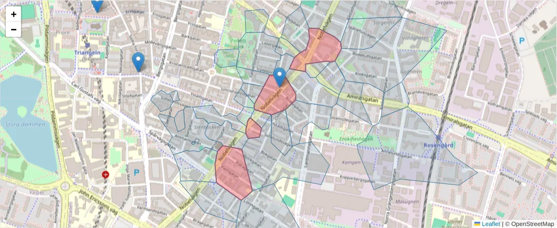 Karta över postnummerområdet  och angränsande postnummer i Sverige