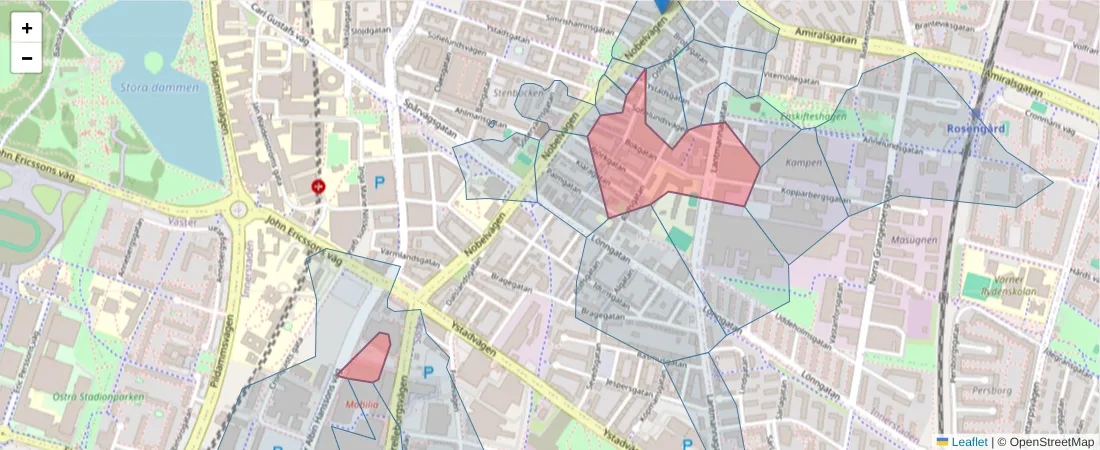 Karta över postnummerområdet  och angränsande postnummer i Sverige