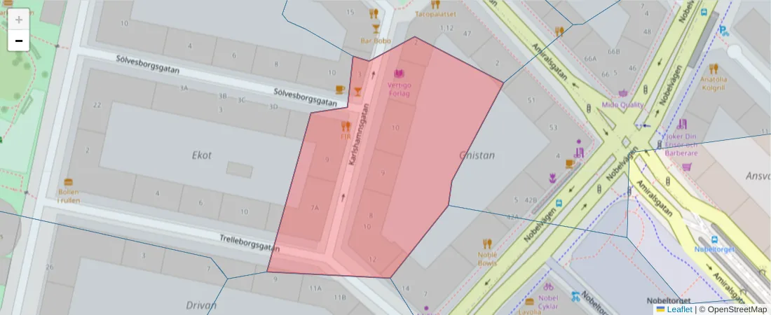 Karta över postnummerområdet  och angränsande postnummer i Sverige