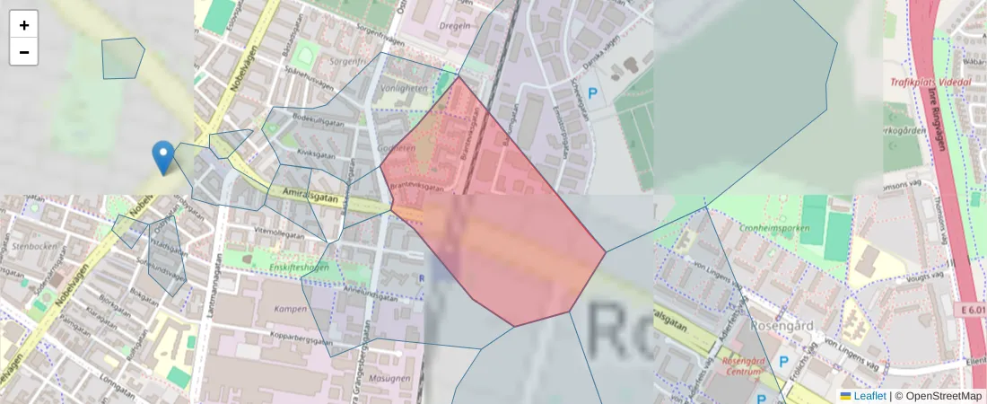 Karta över postnummerområdet  och angränsande postnummer i Sverige