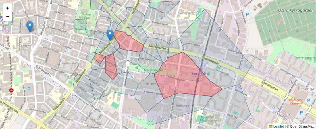 Karta över postnummerområdet  och angränsande postnummer i Sverige