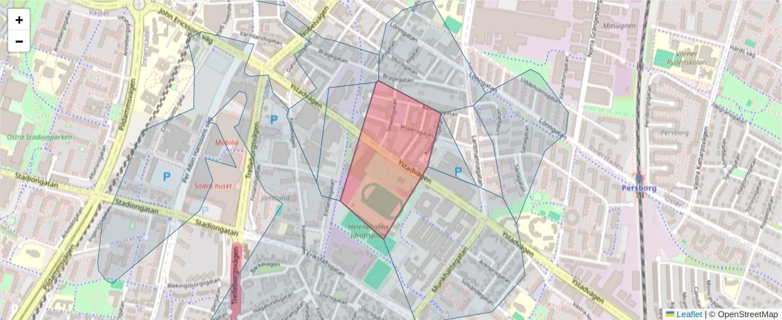 Karta över postnummerområdet  och angränsande postnummer i Sverige