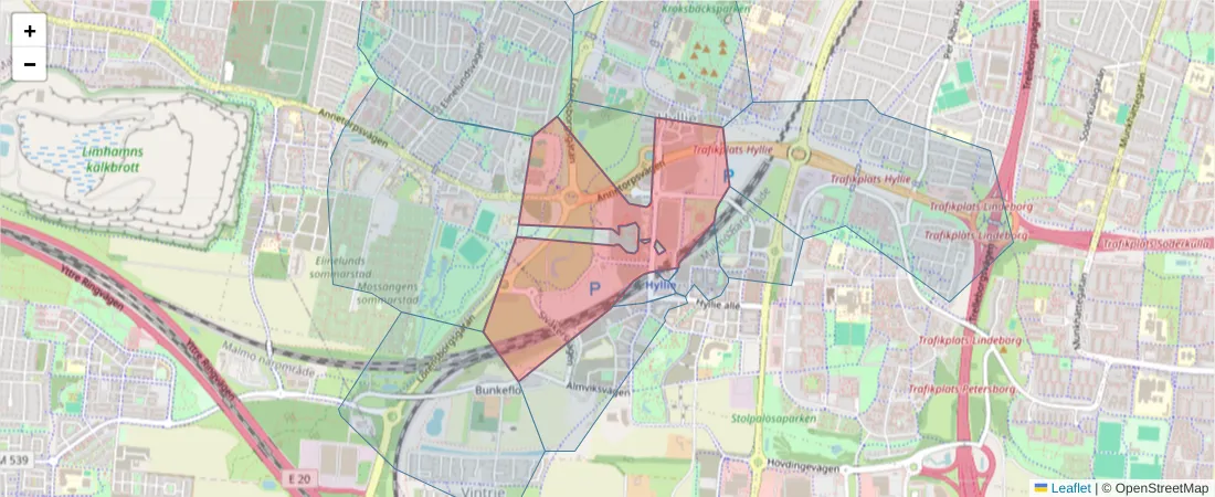 Karta över postnummerområdet  och angränsande postnummer i Sverige