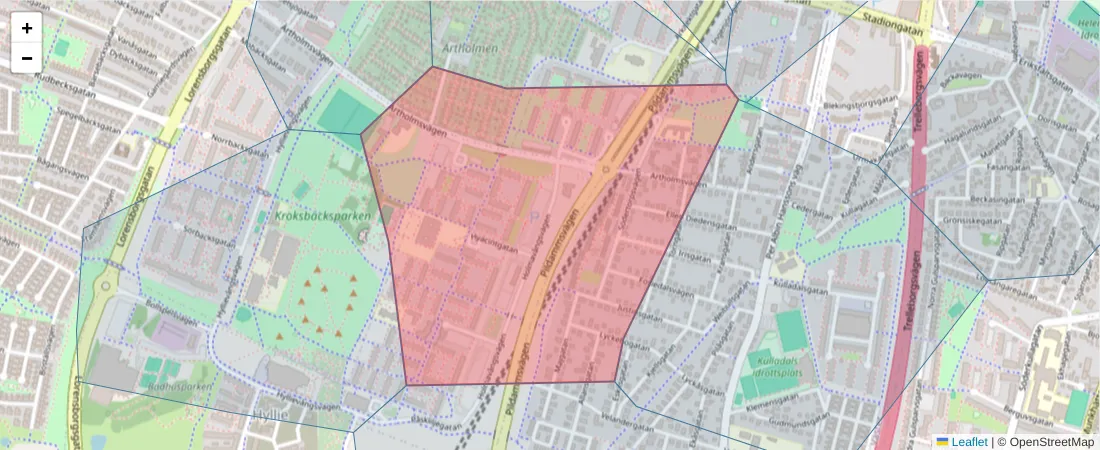 Karta över postnummerområdet  och angränsande postnummer i Sverige
