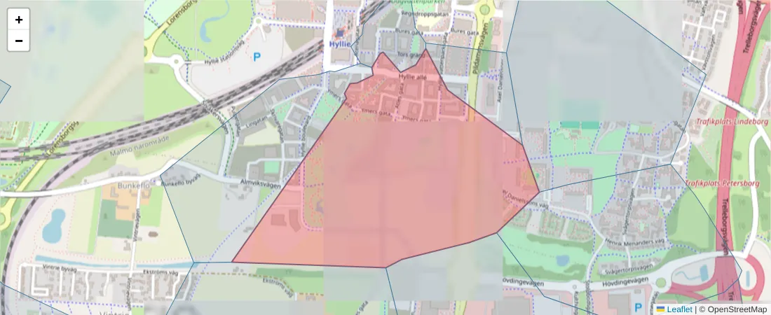 Karta över postnummerområdet  och angränsande postnummer i Sverige