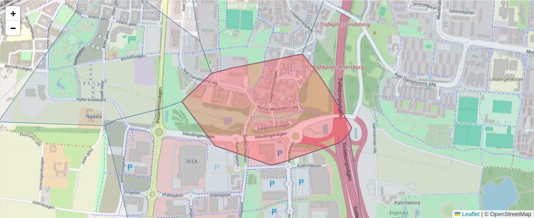 Karta över postnummerområdet  och angränsande postnummer i Sverige