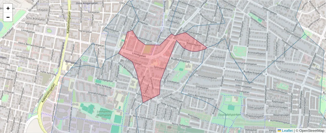 Karta över postnummerområdet  och angränsande postnummer i Sverige