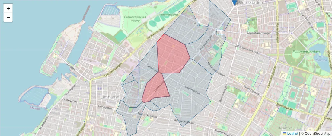 Karta över postnummerområdet  och angränsande postnummer i Sverige